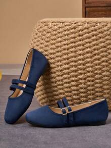 WHDXY Giày bệt mũi vuông cổ điển và đa năng dành cho nữ màu xanh navy, hoàn hảo cho cả đi làm và tụ tập - Màu xanh hải quân - Xem 7