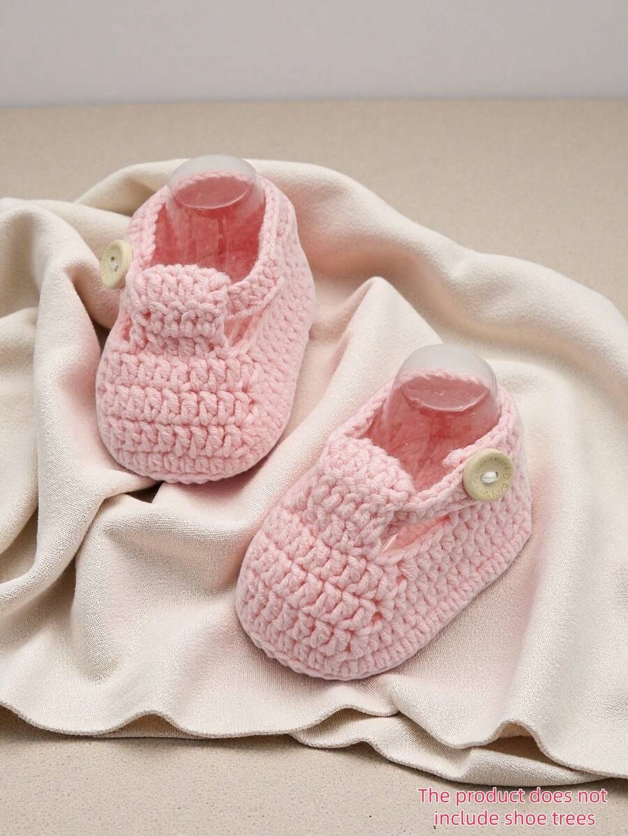 1 Pair Hand-Crocheted Red Button Closure Infant Shoes - Baby Pink - View 1