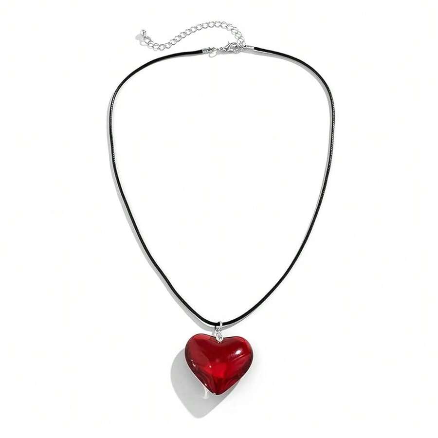 Dainty Colorful Glass Heart Shape Pendant Necklace Stainless Steel Link Rope Chian Love Heart Charms Pendant Necklace Y2K Jewelry Accessories For Women Jewelry,RedRope - 紅繩 - 查看 1