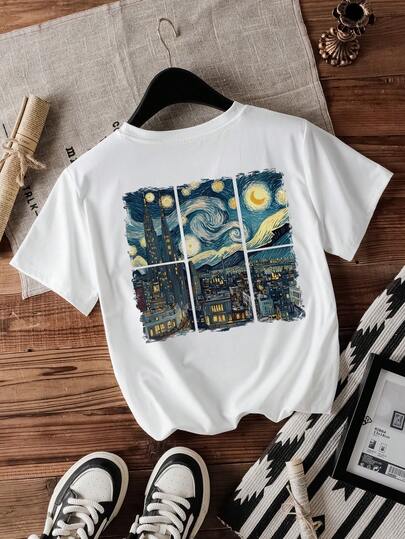 Camiseta gráfica de mujer con diseños de La Noche Estrellada de Van Gogh y paisaje urbano - Manga corta, cuello redondo, casual, de tela transpirable y elástica media, lavable a máquina para primavera, verano y otoño, prenda de ocio artística, diseño conmemorativo