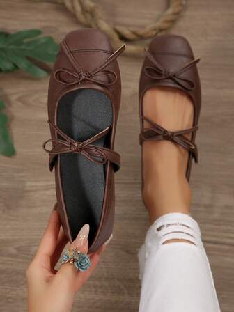 New French Style Flat Bowknot Mary Jane Shoes, Shallow Mouth One-Strap Design, Suitable For Spring And Summer
