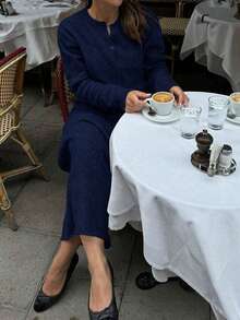 FOR BEAUTY 纯色针织两件套，女士新款休闲约会简约外套和半身裙套装，秋冬款 - 藏青 - 查看 3