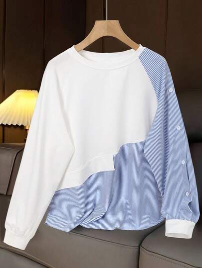 1 pieza Blusa de mujer a rayas con parches y contraste de color, estilo casual y universitario, para primavera/otoño