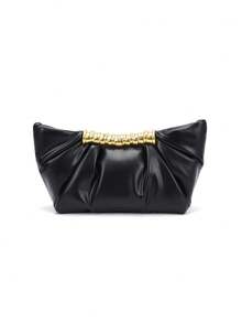Women's Black Korean Vintage Minimalist Metal Design Handbag, French Pleated Metal Buckle Cloud Bag, Sweet Preppy Style Commute Casual Crossbody Shoulder Bag, Small Size, Suitable For Daily Commute, Shopping, School, Travel, PU Leather - Black - View 3