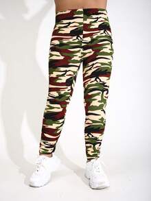 Plus Size Women's Apricot Leggings, Casual & Fashionable For Outdoor Sports & Fitness, Soft, Stretchy, Skinny Pants For Home, Squats, Push-Ups, Yoga - Apricot - View 3