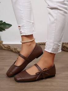 Bowknot Strap Women's Flat Shoes, Square Toe Mary Jane Style, Fashion & Versatile, Spring/Autumn - Burgundy - View 2