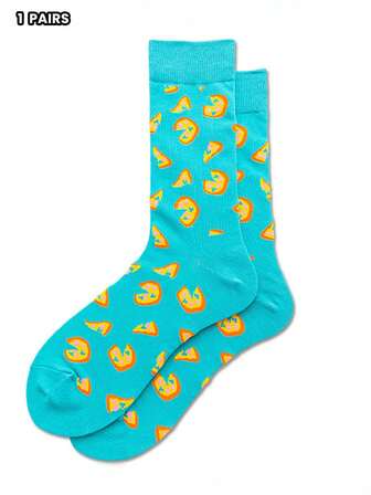1 Pair Wish Pizza Pattern Breathable Colorful Crew Socks, Suitable For All Seasons