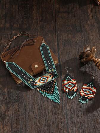 Handmade Beaded Tassel Necklace Set, Bohemian Style Necklace, Retro Starry Sky Color Tassel Pendant Necklace, Matching Tassel Pendant Earrings, Women's Fashion Accessories, Black With Green Multi-Color Retro Style Necklace, Adjustable Length, Versatile For Daily And Vacation, Winter New Necklace, Sweater Chain, Holiday Gift Choice