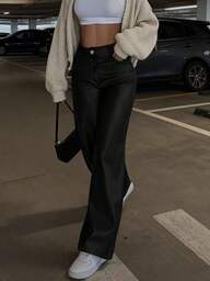 Pantaloni a vita alta in ecopelle lucida a gamba ampia, rivestimento opaco, moda versatile, adatti per feste, pendolarismo, festival musicali, vacanze, pantaloni a gamba dritta casual, abbigliamento primavera/estate, best seller, stile Y2K, adatti per feste, pendolarismo, vacanze, festival, attività all'aperto, abbigliamento primavera/estate, adatti per donne alte, abbigliamento, nero, pantaloni