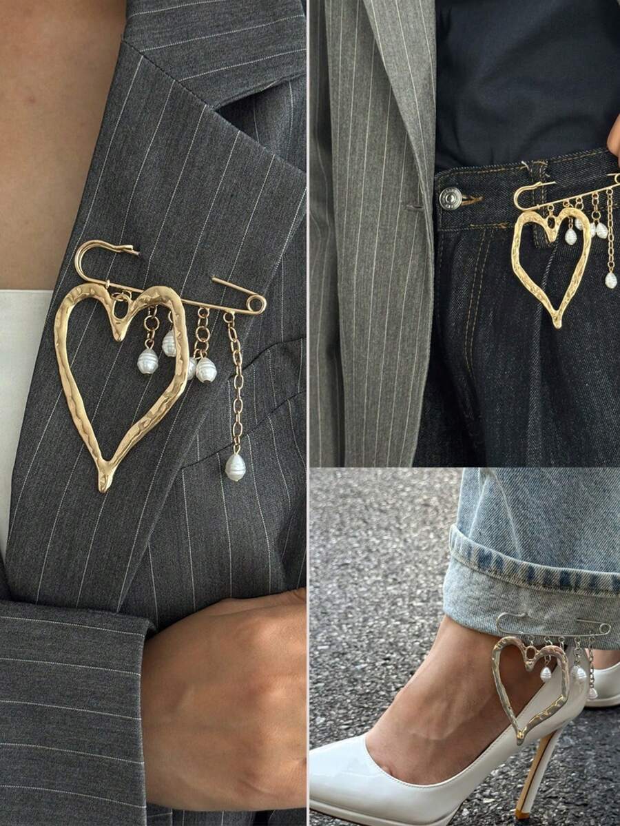 1 Stück Vintage Bohemian übertriebene europäisch-amerikanische französische Ins Lava Herz Brosche, modische Perle Quaste Hose Kette Brosche, unverzichtbarer Schmuck für Frauen, geeignet für Bankette, Partys, Pendlerdekorationen - Verschiedenfarbig - Übersicht 1