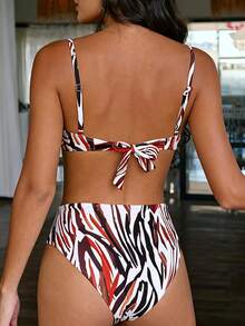 2pcs Striped Print Sexy Backless High Waist Bikini Set, Suitable For Beach, Vacation, Summer - Reddish Brown - View 3