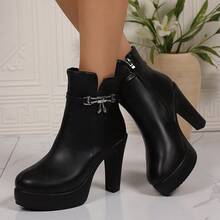 Women's Ultra High Heel Platform Ankle Boots, Autumn/Winter New Fashion Round Toe Rhinestone Bow Thin Heel Boots, Slimming Leather Boots - Black - View 2