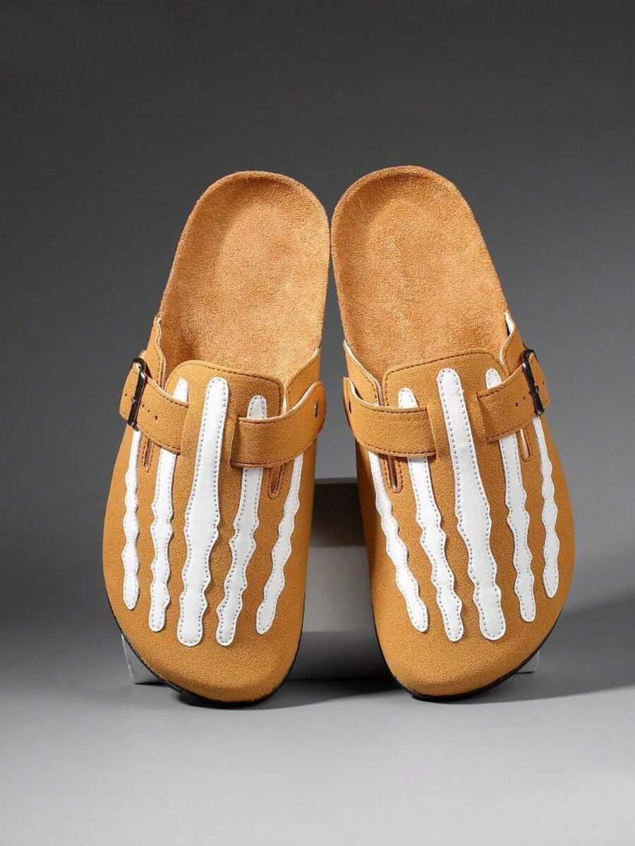 Herren Neue personalisierte Skelett-Muster Schnallen Slide Pantoffeln, weiche Kork-Sohle Lässig Sandalen, geeignet für Innen-/Außenbereich, Streetwear-Stil, passend für Alltag & Lässig, Frühling/Sommer/Herbst - Braun - Übersicht 1