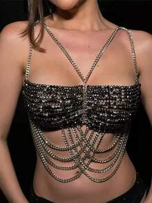 1pc Sexy High-End Rhinestone Chest Chain, Necklace, Bridal Gown, Nightclub Party Jewelry - Black - View 2