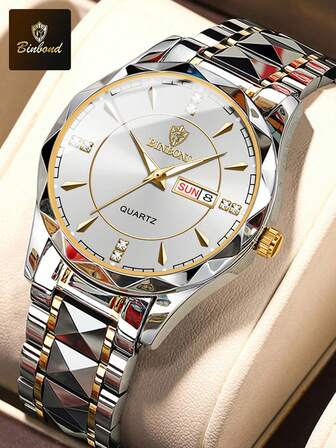 BINBOND B5552 Luxury Brand Fashion Men's Gold Watch Stainless Steel Quartz Watch Men's Business Date Week Display Rhinestone Watch Men's Night Light Clock