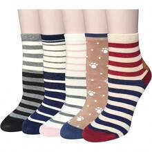 5 Pares Calcetines Mujer Divertidos Calcetas Deportivas para Mujer con un Adorable y Divertido Estampado de Animalitos Calcetines de Media Pantorrilla Suaves y Transpirable. - Perroa Rayas - Ver 1