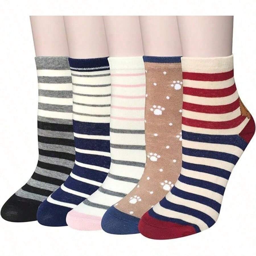 5 Pares Calcetines Mujer Divertidos Calcetas Deportivas para Mujer con un Adorable y Divertido Estampado de Animalitos Calcetines de Media Pantorrilla Suaves y Transpirable. - Perroa Rayas - Ver 1