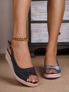 New Fashion Women Casual Woven Wedge Sandals - Black - View 17
