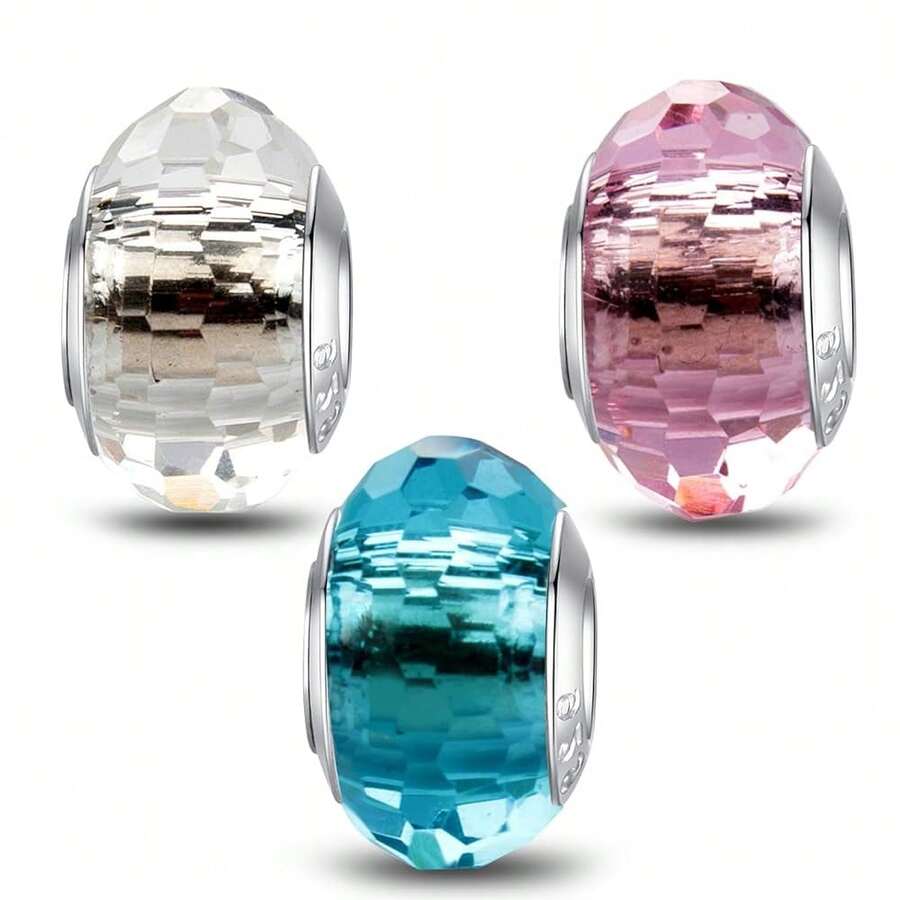 MICOO 925 Sterling Silver Charms For Bracelets,Fashion DIY Dangle Pendants Beads Simulated Birthstone Charms,Birthday Gifts For Women,3BlueWhiteandPinkCharms - 3個藍白粉紅吊墜 - 查看 1