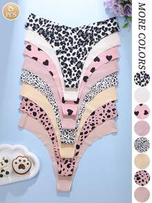 8条/包 - 女士豹纹和纯色丁字裤，无缝舒适柔软面料女士丁字内裤 - 彩色 - 查看 1