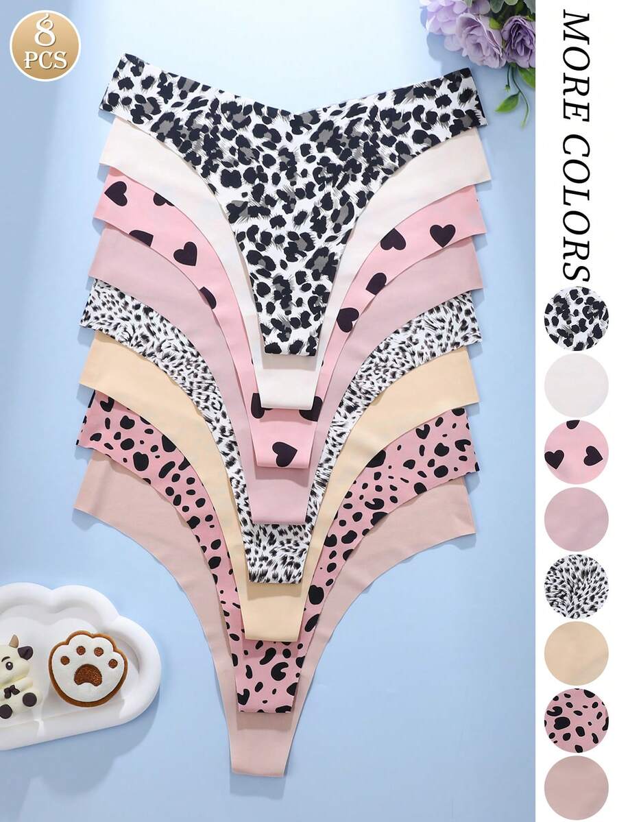 8条/包 - 女士豹纹和纯色丁字裤，无缝舒适柔软面料女士丁字内裤 - 彩色 - 查看 1