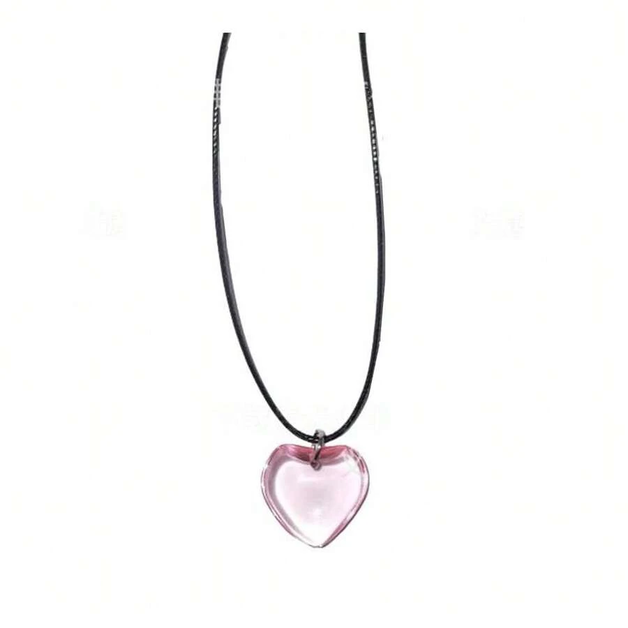 Dainty Colorful Glass Heart Shape Pendant Necklace Stainless Steel Link Rope Chian Love Heart Charms Pendant Necklace Y2K Jewelry Accessories For Women Jewelry,Pink - 粉色 - 查看 1
