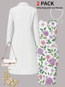 Plus Size Women's Spring/Summer Long Dress 2-Piece Set: Casual Versatile Long Solid Color Cardigan Jacket + Loose Round Neck Sleeveless Printed Long Elegant Dress