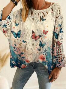 Blusa de manga larga holgada con estampado de mariposa, escote descubierto de los hombros, diseño de diamante hueco, estilo ligero y transparente como cubierta para la playa, de estilo casual y elegante diseño de punto para primavera/verano - Albaricoque - Ver 8