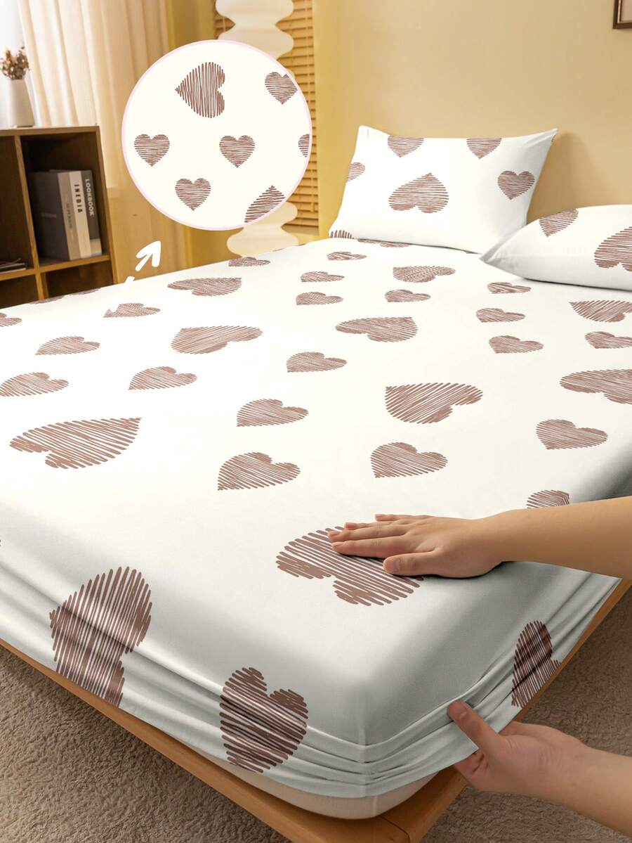 1件简约现代心形几何线条印花磨毛床笠，卧室印花床罩，床上用品（不含枕套） - 彩色 - 查看 1