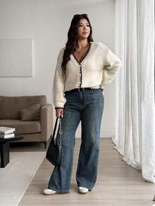 Plus Size Loose Fit Herringbone Color Block Button Knit Cardigan, Autumn/Winter - Apricot - View 5