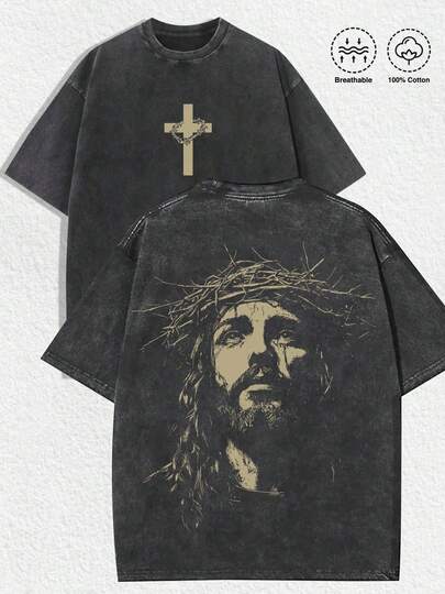 1 PCS Religious "Jesus With Crown Of Thorns" Graphic Tee: Featuring Distressed Vintage Finish, Front Cross Print Adorned With Crown Of Thorns, Back Artistic Portrait Of Jesus Wearing Crown Of Thorns, Crafted From Breathable 100% Cotton, Perfect For Infusing Spiritual & Nostalgic Vibes Into Outfits During Easter Celebrations, Church Events, Or Daily Wear Men's Round Neck Printed Short Sleeve Casual Everyday T-Shirt, They Are Excellent Gifts For Friends And Family, 100% Cotton T-Shirts Feature, A Youthful And Fashionable Design, Graphic Tees Men, Graphic Tees Women, Cachorro Feliz, Back To School