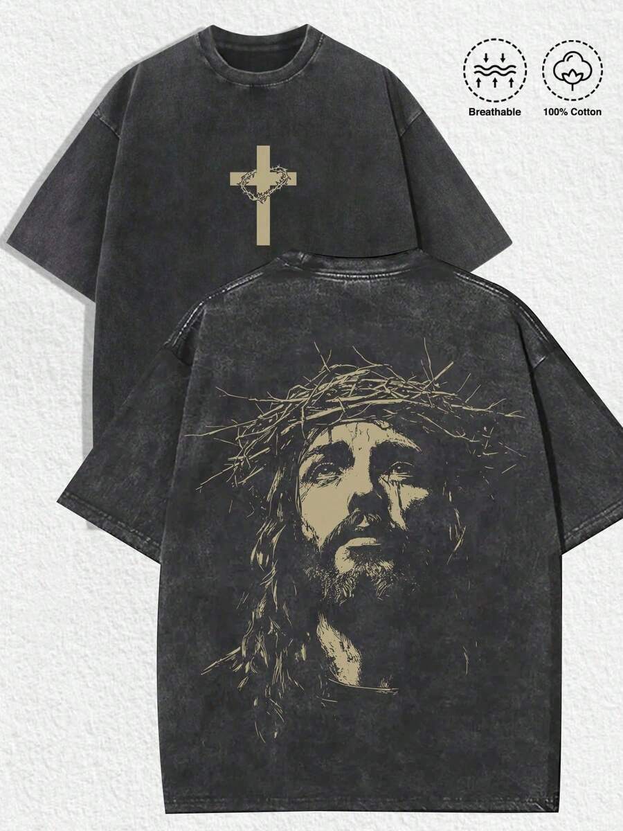 1 PCS Religious "Jesus With Crown Of Thorns" Graphic Tee: Featuring Distressed Vintage Finish, Front Cross Print Adorned With Crown Of Thorns, Back Artistic Portrait Of Jesus Wearing Crown Of Thorns, Crafted From Breathable 100% Cotton, Perfect For Infusing Spiritual & Nostalgic Vibes Into Outfits During Easter Celebrations, Church Events, Or Daily Wear Men's Round Neck Printed Short Sleeve Casual Everyday T-Shirt, They Are Excellent Gifts For Friends And Family, 100% Cotton T-Shirts Feature, A Youthful And Fashionable Design, Graphic Tees Men, Graphic Tees Women, Cachorro Feliz, Back To School - 黑色 - 查看 1