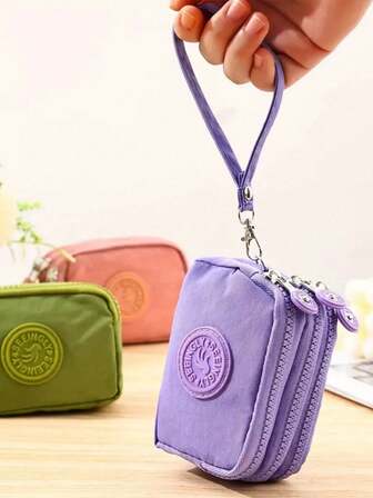 极简复古纯色尼龙钱包，三层拉链设计，男女通用小巧钱包/零钱包/卡包，易于保养，精美礼品。