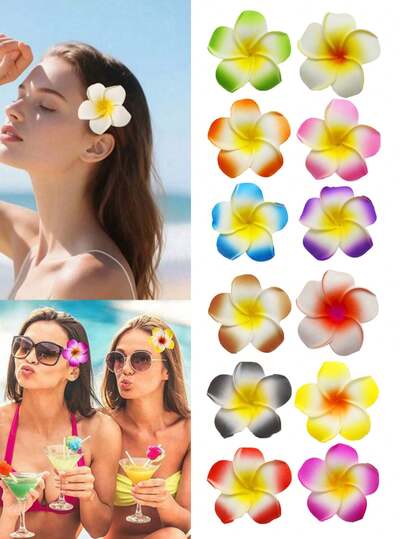12 piezas de flores de plumeria de espuma artificial para mujer, pasadores de pelo con flores hawaianas para decoración de boda y vacaciones