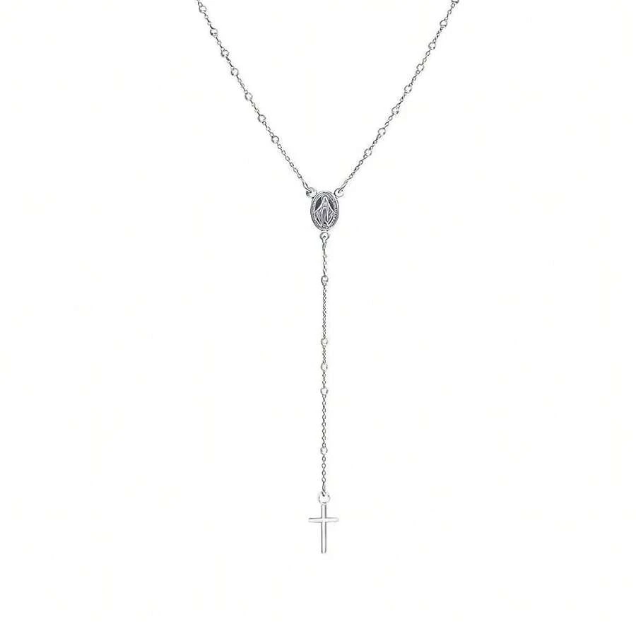 Savlano 925 Sterling Silver Italian Solid 2MM Bead Chain Cross & Rosary Virgin Mary Pendant Y Necklace Comes With Gift Box For Women - Made In Italy,24Inches24Inches - 24英寸 - 查看 1
