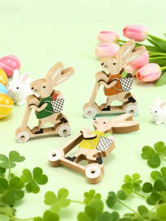 1pc Easter Bunny Decor - Wooden Rabbit Figurine Riding Cart With Basket, Cute Animal Ornament For Easter Party Supplies, Home Decor Gift Set, Spring Festival Decoration