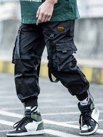 Unisex Loose Waist Multi-Strap Functional Cargo Pants With Drawstring Hem, Streetwear Dark Style, Multi-Pocket Paratrooper Trousers
