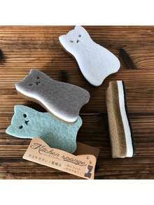 4块装重型厨房海绵，三层猫咪图案设计，多用途，天然纤维压缩合成材料，高效洗碗去污，商用清洁工具