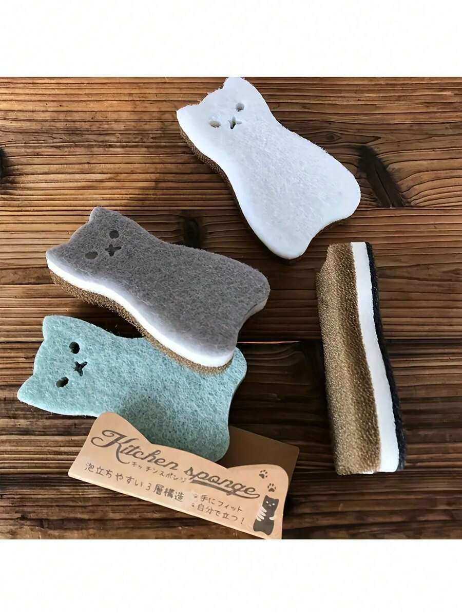 4块装重型厨房海绵，三层猫咪图案设计，多用途，天然纤维压缩合成材料，高效洗碗去污，商用清洁工具