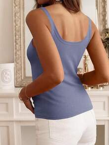Womens Scoop Neck Ribbed Knit Tank Top Sleeveless Cotton Wife Beater Camisole Shirts - 01# 全中型石楠藍 - 查看 4