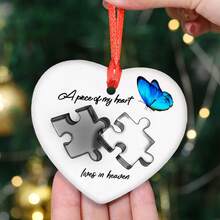 1 Piece White Ceramic Memorial Ornament - Puzzle Heart Shape With Black Interlocking Pieces And Blue Butterfly, "A Piece Of My Heart Is In Heaven" Memorial Gift, Suitable For Loss Of Loved Ones, Christmas Tree Or Window Hanging Decoration - 3*2.7英寸 - 查看 4