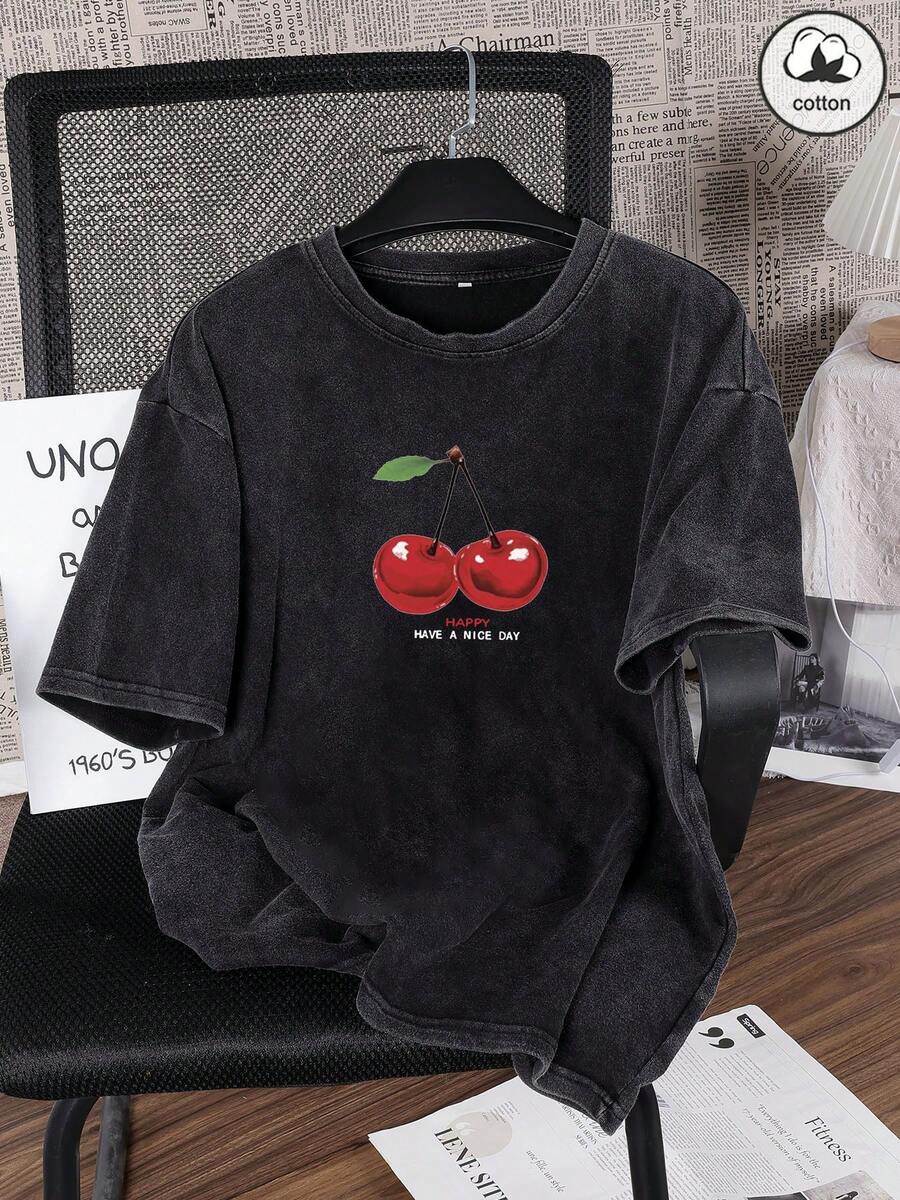 Es Trus 棉质，夏季女款趣味印花嘻哈“樱桃字母”个性字母樱桃水果图案印花街头，韩版舒适复古时尚通勤百搭 Y2k 服饰女装，适合户外休闲，常规小众朋克风格黑色修身圆领短袖水洗 T 恤