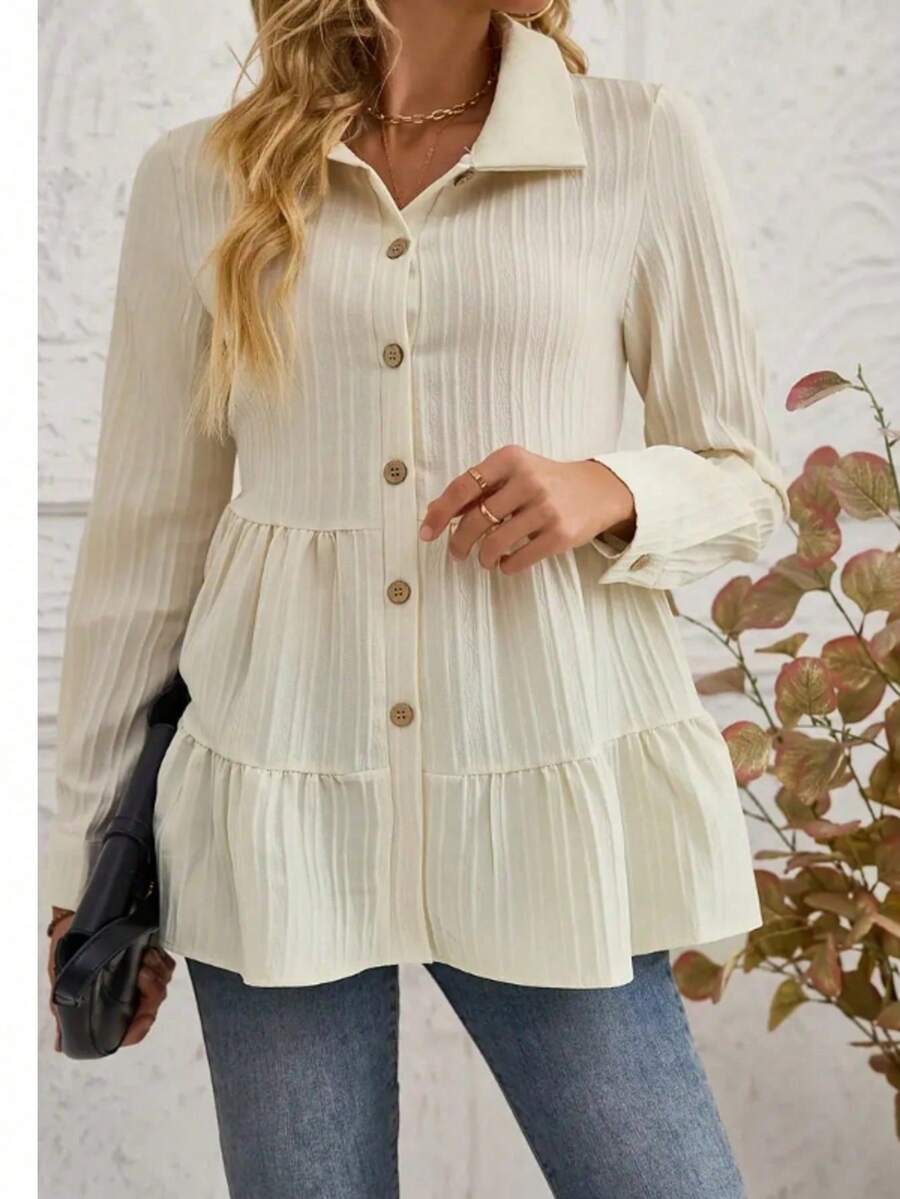 Lässiges, vielseitiges Hemd mit einfarbiger Rüschenfront und Knöpfen - Beige - Übersicht 1