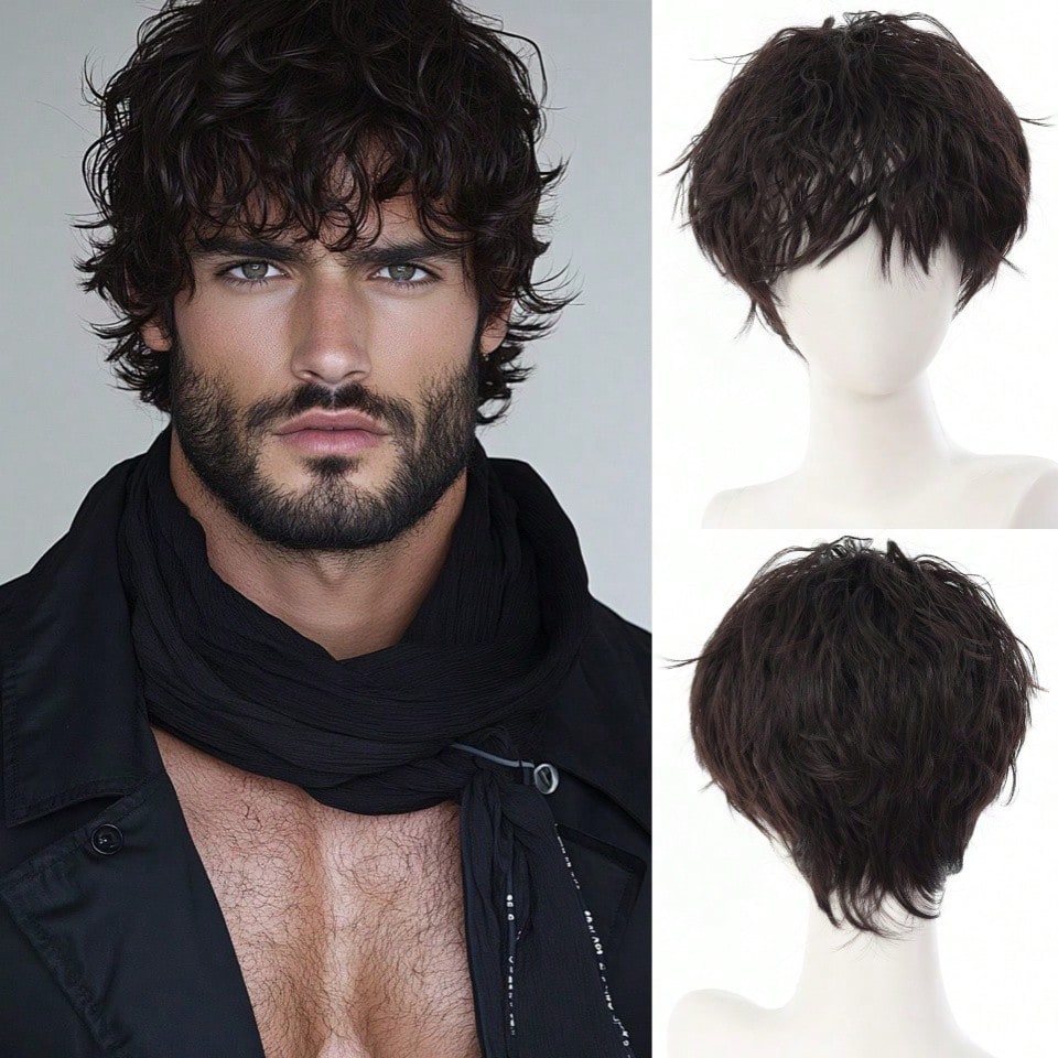 Men's Brown-Black Natural Fluffy Wool Curly Short Hair Japanese Style Men's Small Curly Hair High Quality Synthetic Wig Hip-Hop Rock Style Suitable For Everyday Wear Or Parties