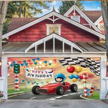 1 pieza de Pancarta de fondo para fiesta de cumpleaños de coche de carreras en 2D - Decoración de poliéster vibrante con letrero de "Feliz Cumpleaños", banderas a cuadros y globos, perfecta para el hogar, la habitación y la decoración de paredes, telón de fondo para fiesta de adolescentes | Escena de carreras dinámica | Pancarta de poliéster, decoraciones para fiesta de cumpleaños - 1 pieza - Ver 5