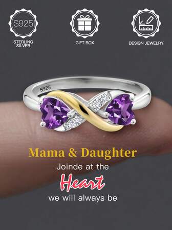 1枚S925纯银紫色心形戒指，镶嵌合成锆石，适合日常佩戴、约会、婚礼、庆典、复活节礼物、万圣节礼物、情人节礼物、母亲节礼物、生日礼物等场合，附赠礼盒