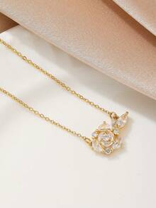 1pc Rose Gold Cubic Zirconia Pendant Necklace, Elegant Minimalist Fashion Unisex Necklace, Casual Daily Wear (OPP Bag Packaging) - Yellow Gold - View 3