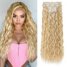 Clip In Hair Extensions, 6PCS Curly 24inch Long Synthetic Clip On Hairpiece For Women Dark Blonde With Highlights,DarkBlondewithHighlights-Wavy - 深金色挑染波浪捲髮 - 查看 2