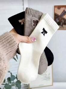 3 Pairs Assorted Bow Accent Warm Fuzzy Retro Brown Tone Mid-Calf Socks, Korean Style, Autumn/Winter
