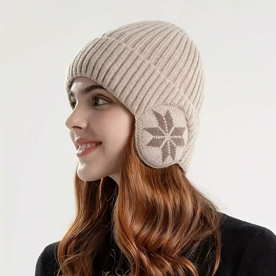 Unisex Winter Knitted Hat With Detachable Earflaps - Windproof And Warm Snowflake Pattern Wool Hat, Soft Textile Material, Multiple Colors Suitable Outdoor Sports And Cold Weather, Washable,, Seasonal Headwear, Comfortable Design, Warm Material, Great Choice Available In 4 Different Colors (Beige, Black, Gray, Navy Blue) - Black - View 1